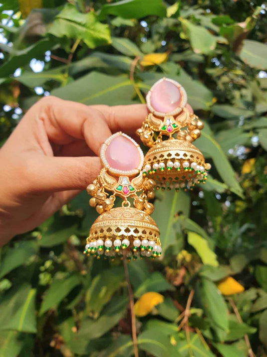 Pastel Pink Kashmiri Jhumka designed with Jadau Kundan And uncut diamonds J0119