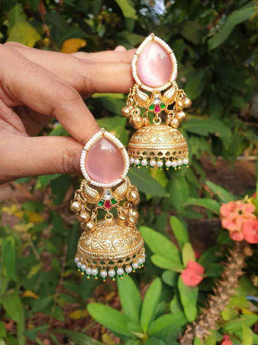 Pastel Pink Kashmiri Jhumka designed with Jadau Kundan And uncut diamonds J0119