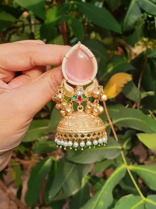 Pastel Pink Kashmiri Jhumka designed with Jadau Kundan And uncut diamonds J0119