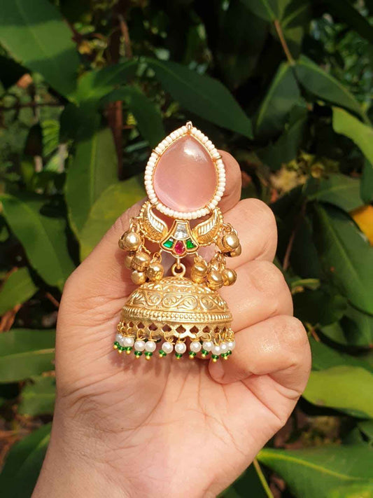 Pastel Pink Kashmiri Jhumka designed with Jadau Kundan And uncut diamonds J0119