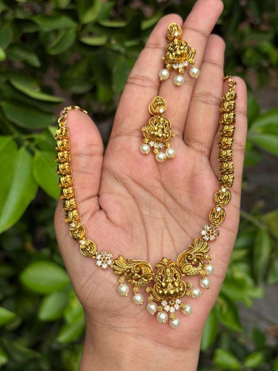 Premium Quality Brass Metal Gold inspired  Lakshmi Necklace with matching earring minimal necklace N0054-CV100