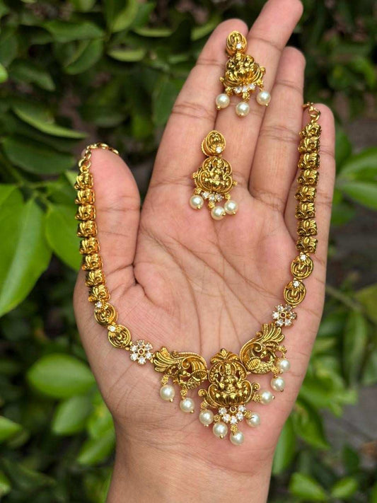 Premium Quality Brass Metal Gold inspired  Lakshmi Necklace with matching earring minimal necklace N0054-CV100
