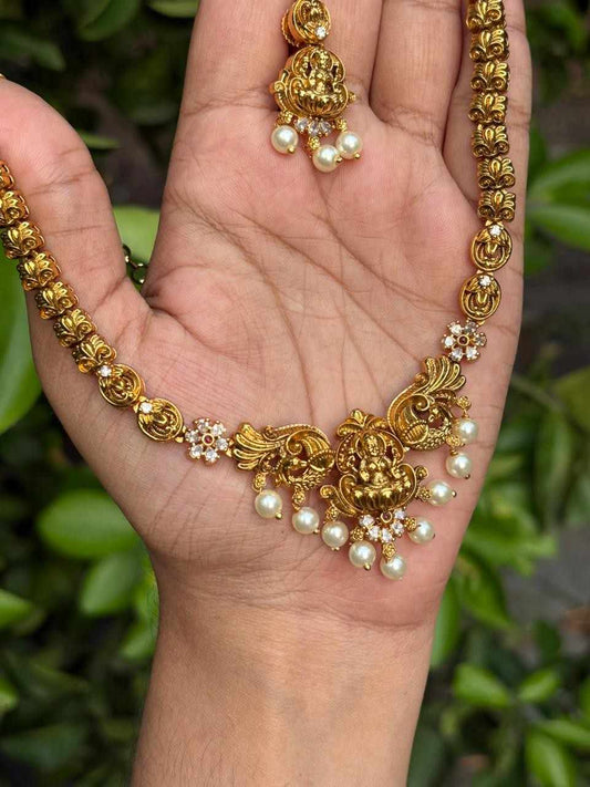 Premium Quality Brass Metal Gold inspired  Lakshmi Necklace with matching earring minimal necklace N0054-CV100