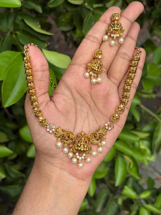 Premium Quality Brass Metal Gold inspired  Lakshmi Necklace with matching earring minimal necklace N0054-CV100