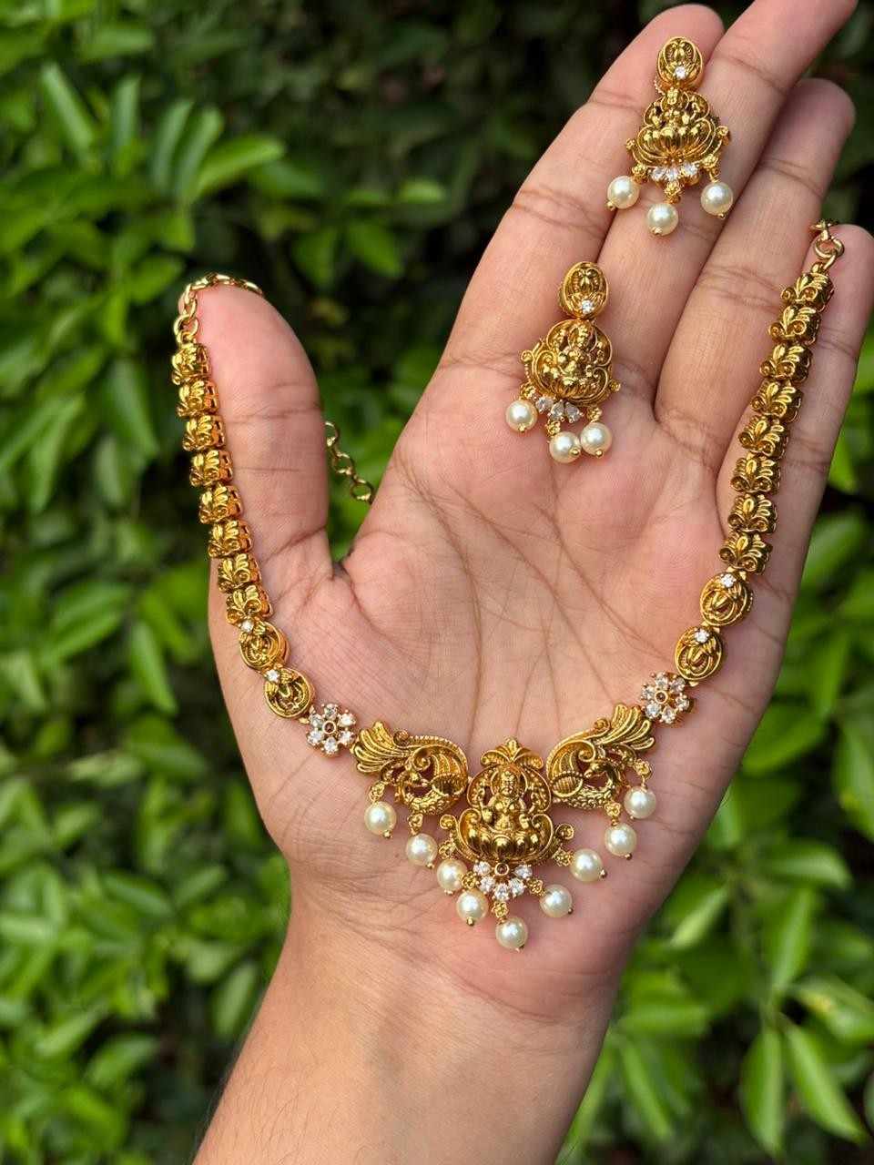 Premium Quality Brass Metal Gold inspired  Lakshmi Necklace with matching earring minimal necklace N0054-CV100