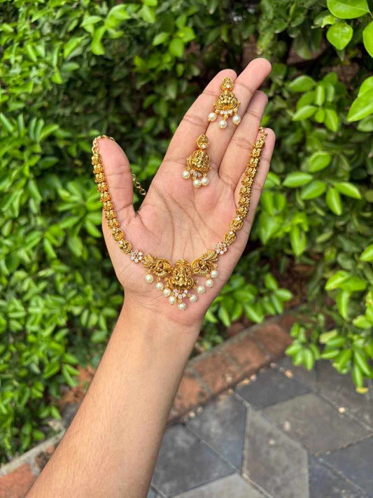 Premium Quality Brass Metal Gold inspired  Lakshmi Necklace with matching earring minimal necklace N0054-CV100
