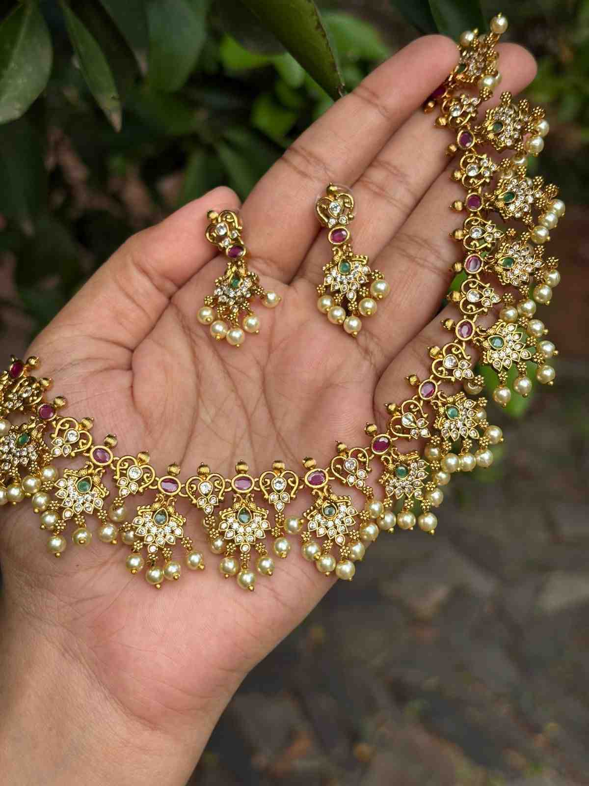 Premium Quality Peacock Floral Pattern Necklace with ruby red emerald green AD White Stone N0058-CI51