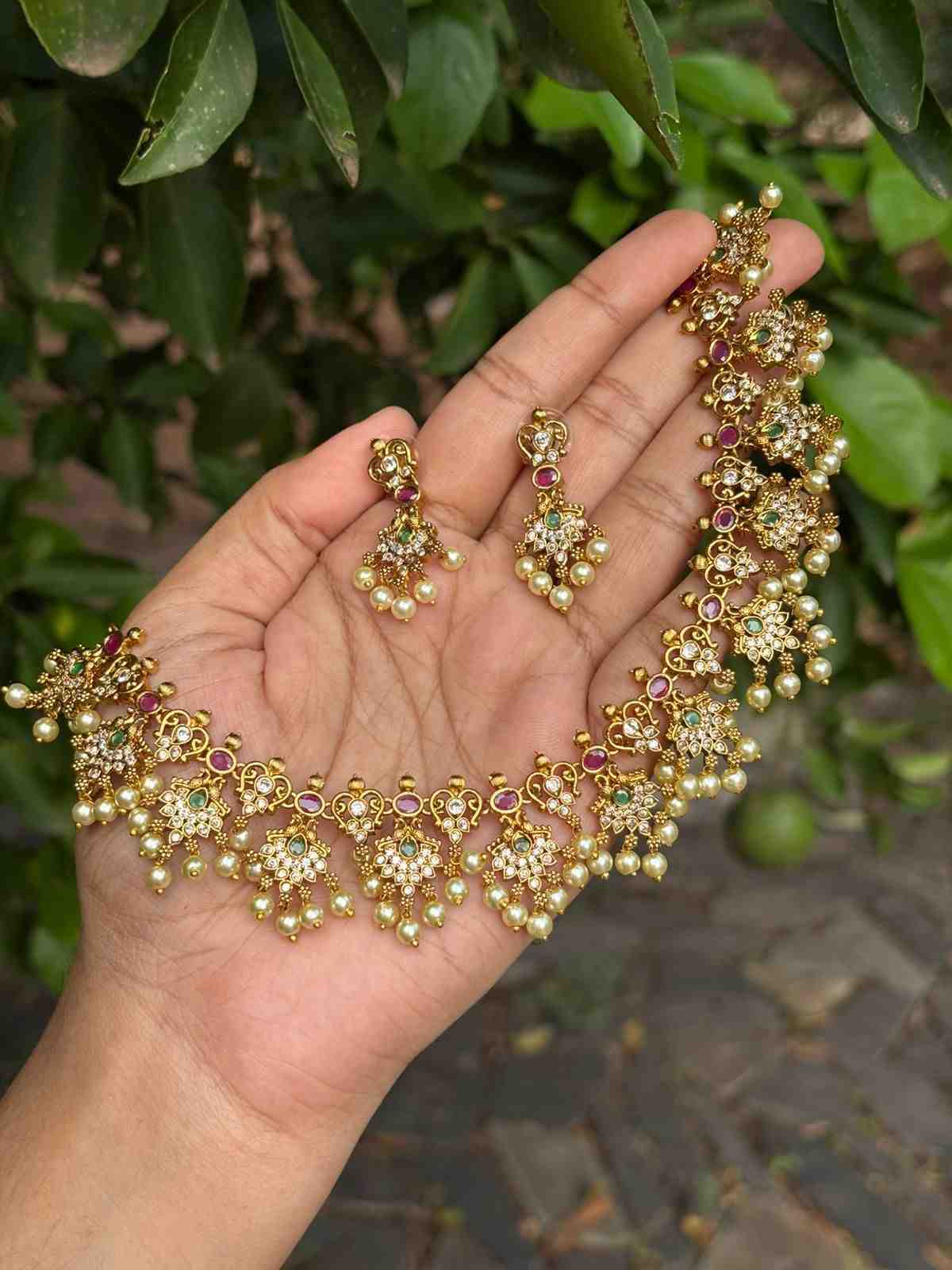 Premium Quality Peacock Floral Pattern Necklace with ruby red emerald green AD White Stone N0058-CI51