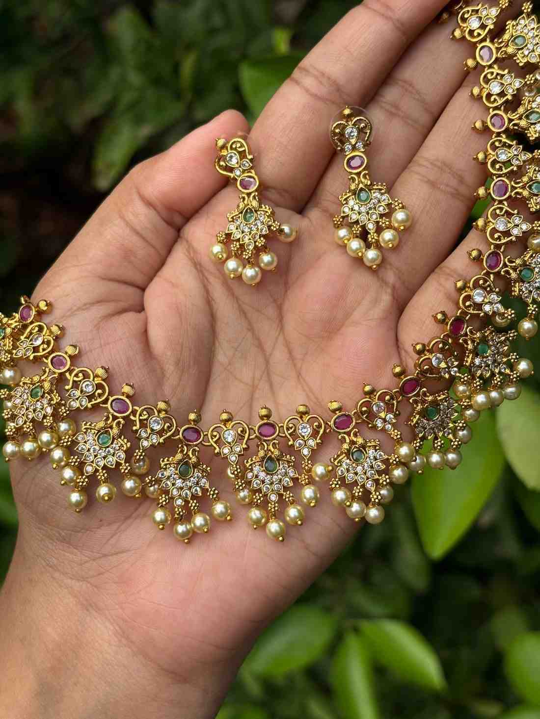 Premium Quality Peacock Floral Pattern Necklace with ruby red emerald green AD White Stone N0058-CI51