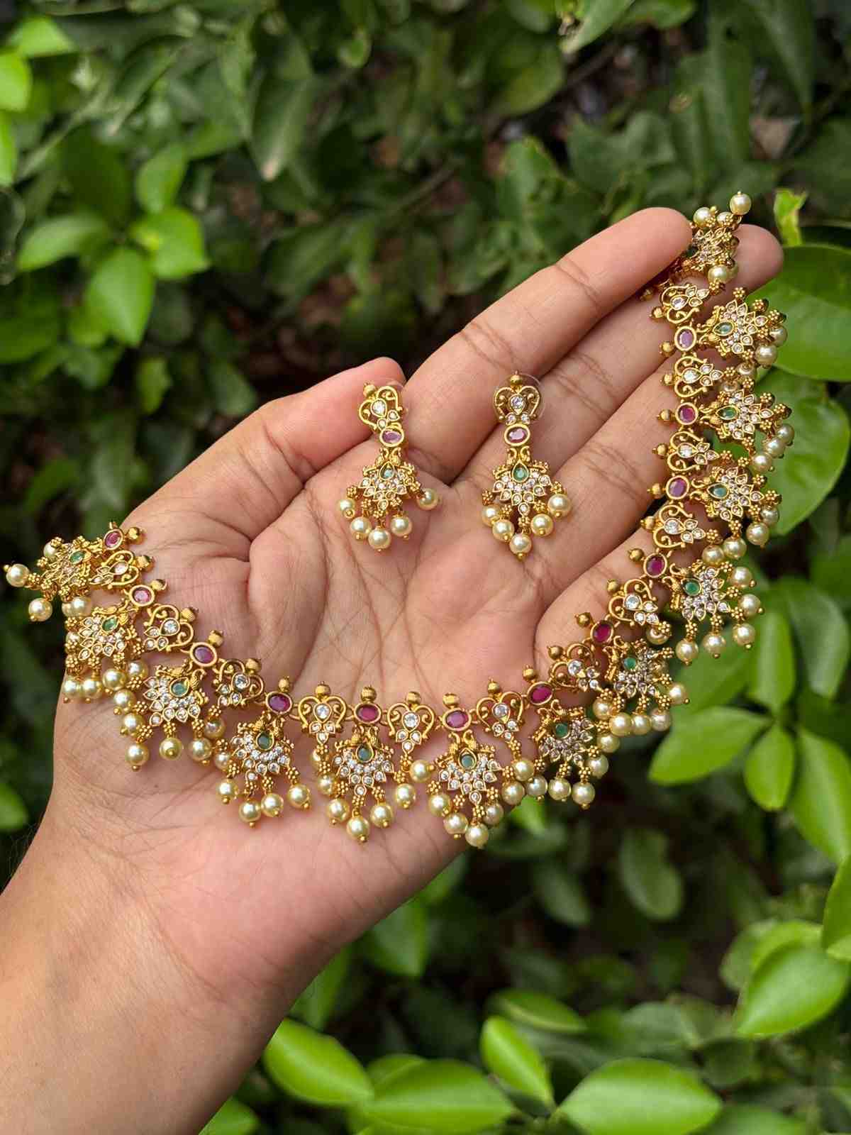 Premium Quality Peacock Floral Pattern Necklace with ruby red emerald green AD White Stone N0058-CI51