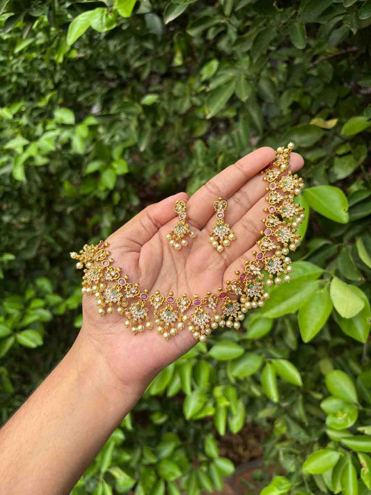 Premium Quality Peacock Floral Pattern Necklace with ruby red emerald green AD White Stone N0058-CI51