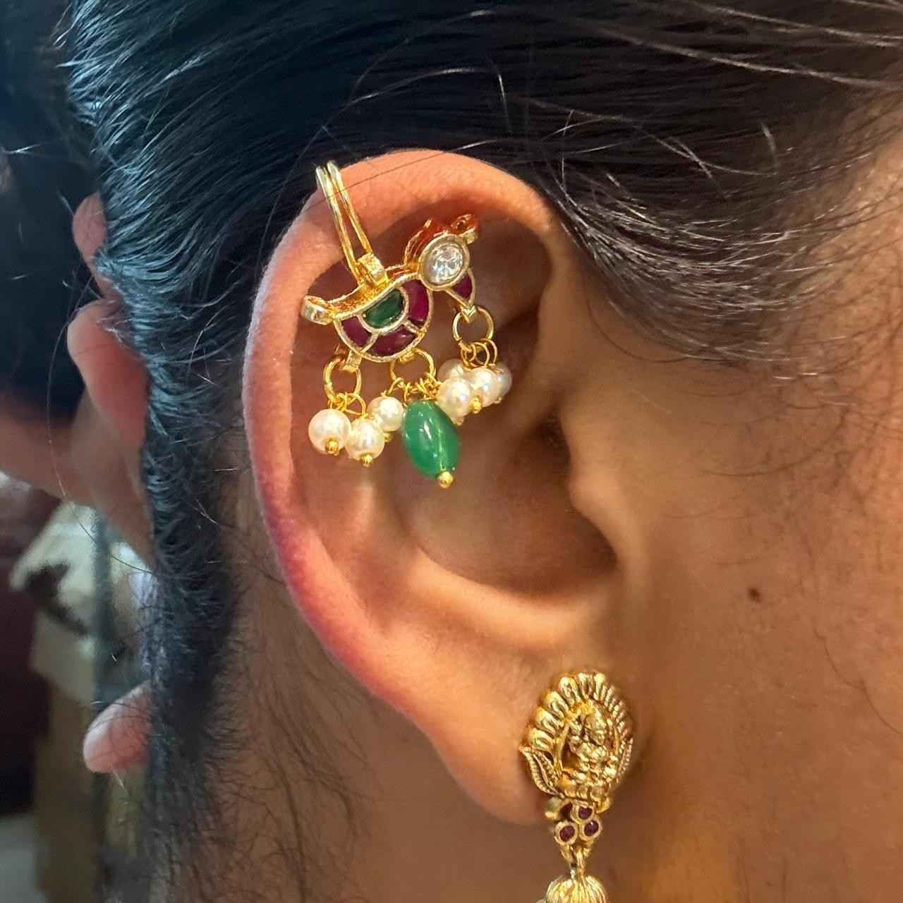 Jadau Kundan Parrot Pattern Bugadi Slight  press to adjust to the ears J0113