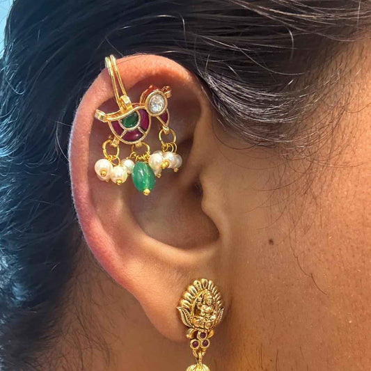 Jadau Kundan Parrot Pattern Bugadi Slight  press to adjust to the ears J0113