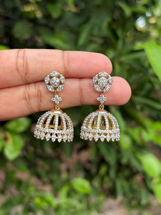 J0125 White stone dual tone Rhodium Finish premium jhumka