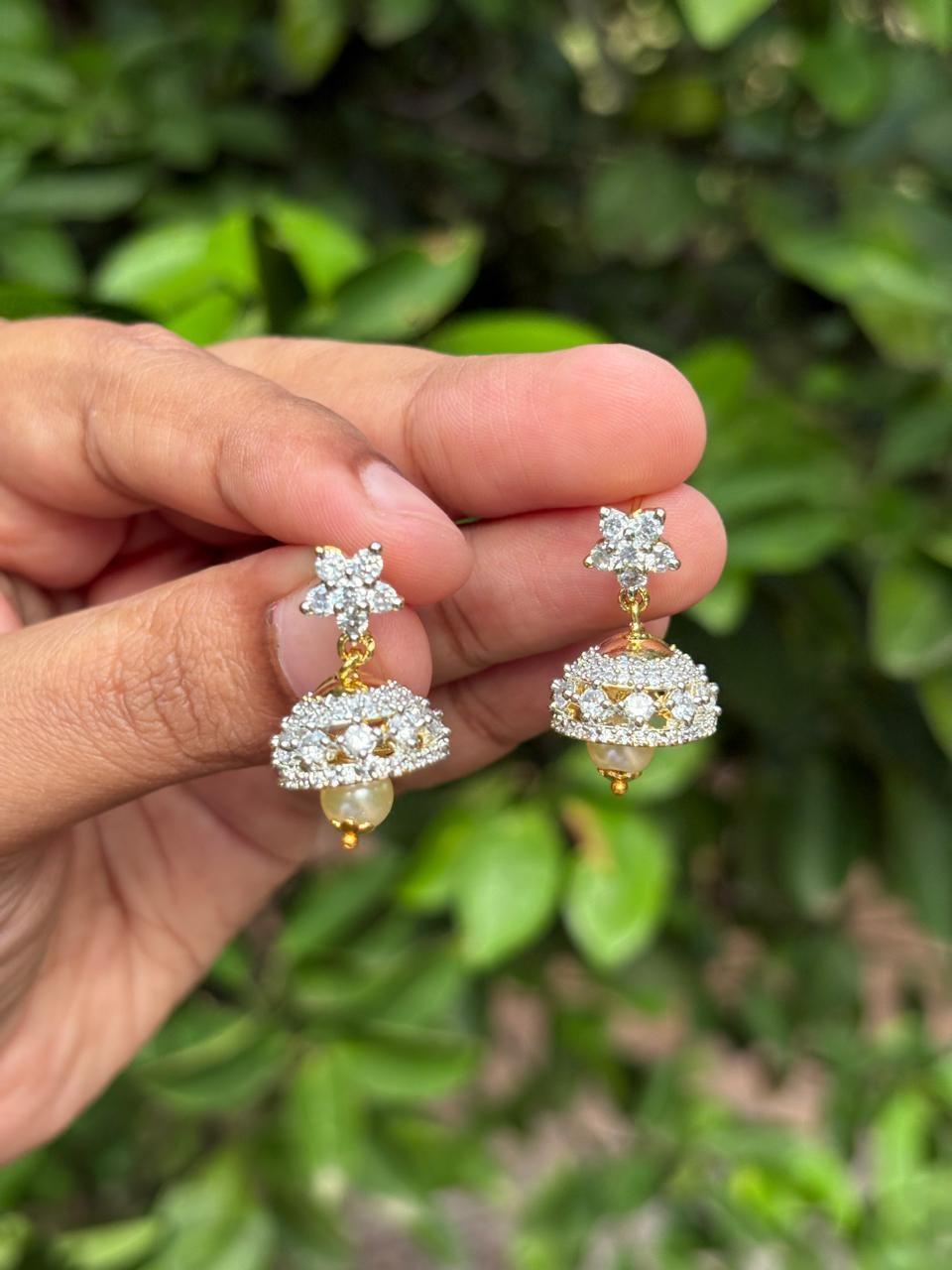 J0126 White stone dual tone Rhodium Finish small size jhumka