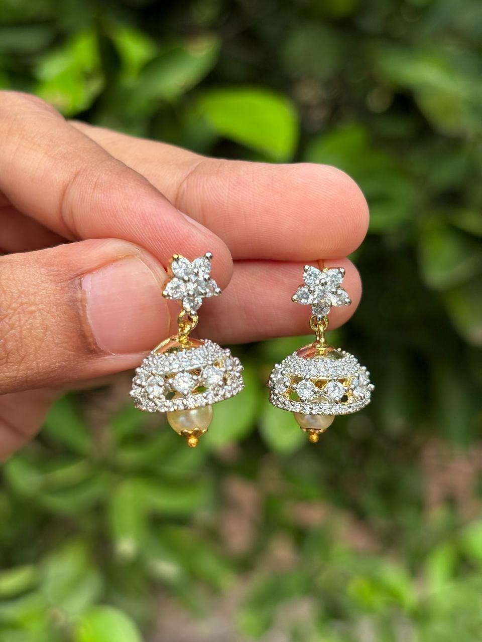 J0126 White stone dual tone Rhodium Finish small size jhumka