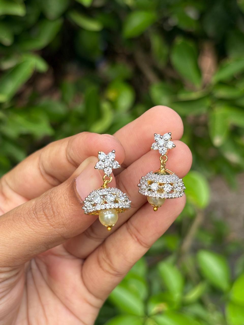 J0126 White stone dual tone Rhodium Finish small size jhumka