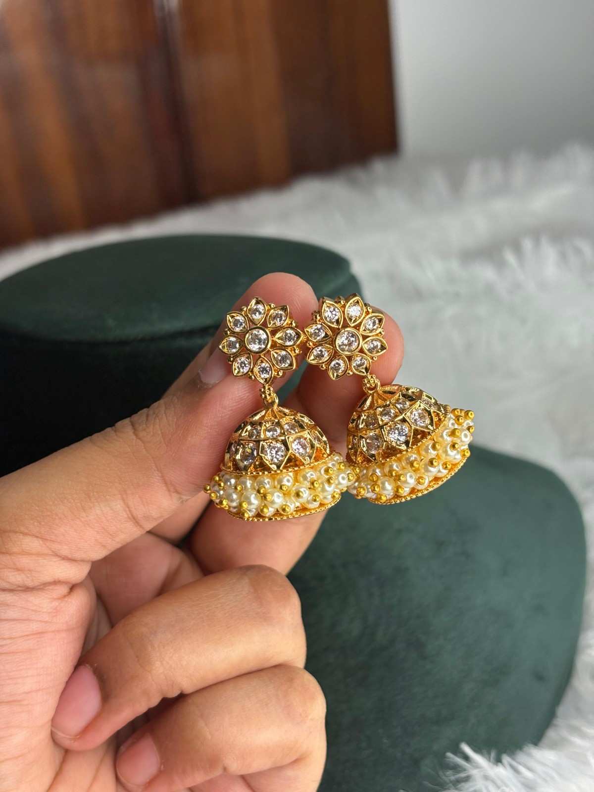 J0121 Traditional WHITE AD stone Jhumka screw back with 3 layer pearls