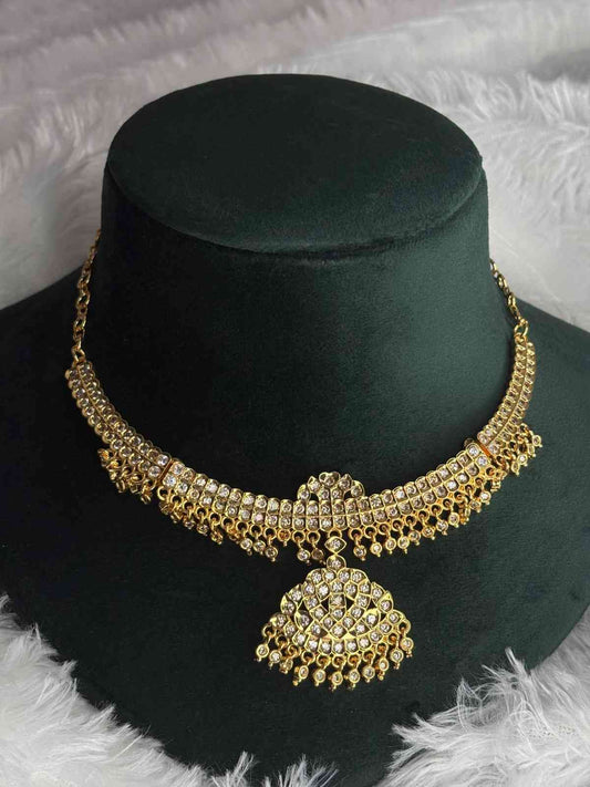 N0273 Micro Plated 80's Attigai Necklace white AD Stone