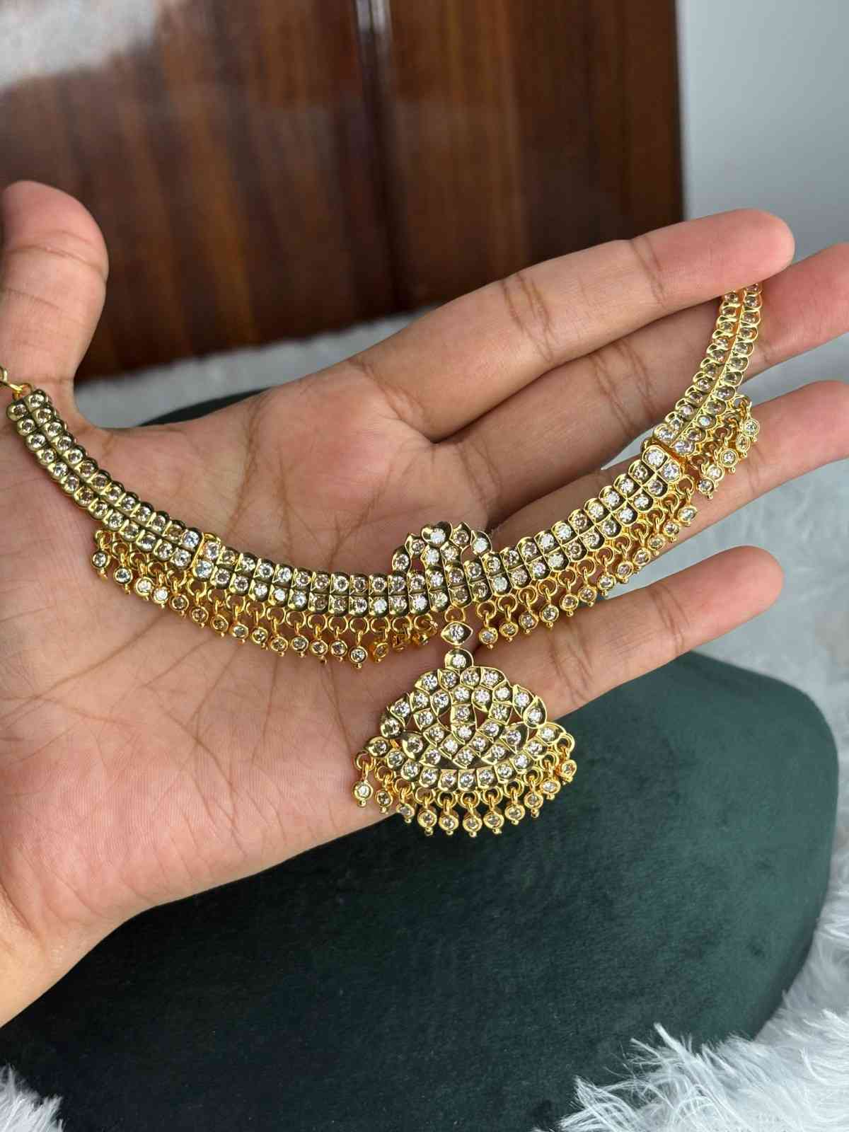 N0273 Micro Plated 80's Attigai Necklace white AD Stone
