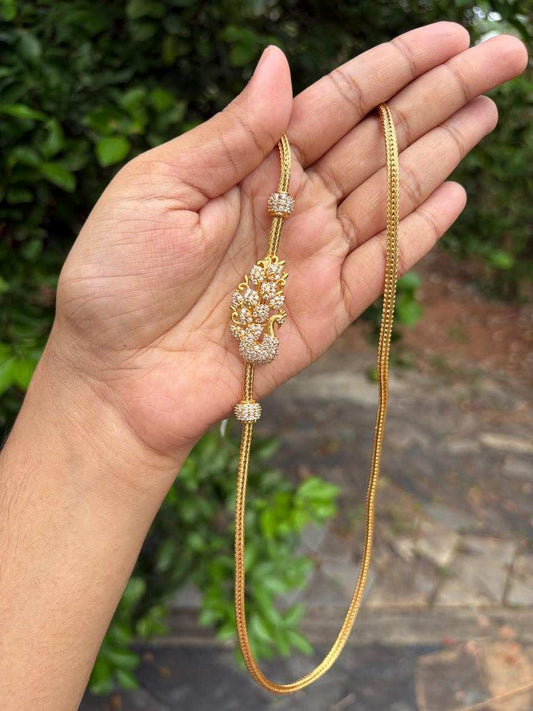 C012 white Stone Peacock Mogappu 30 inch long chain with S Hook