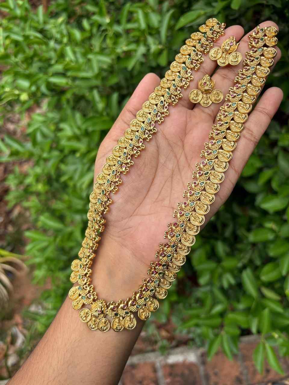 H0075 Peacock Patten Premium Lakshmi Coin 21 inch Haram