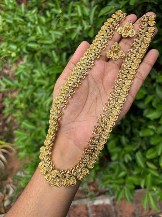 H0075 Peacock Patten Premium Lakshmi Coin 21 inch Haram