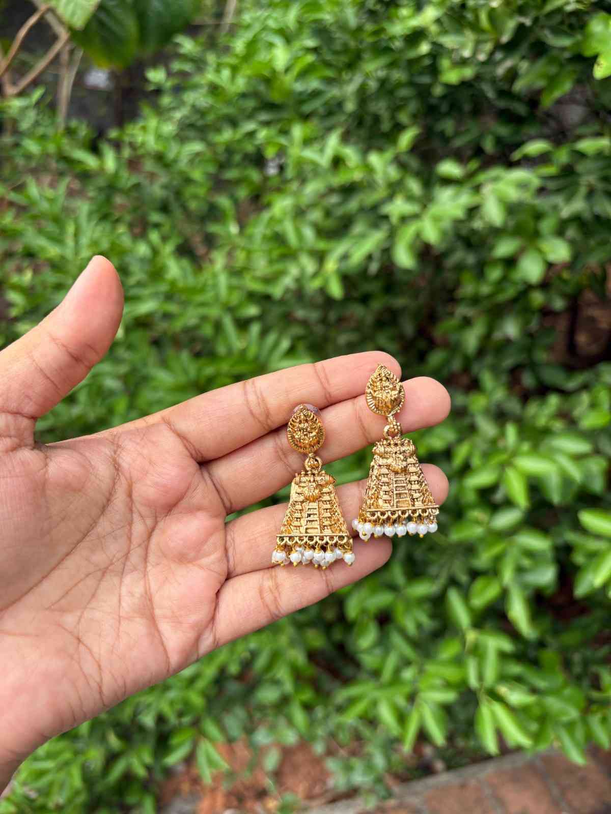 J0133 Matte Finish Small Size gopuram Jhumka with pearl hanging