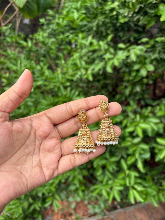 J0133 Matte Finish Small Size gopuram Jhumka with pearl hanging
