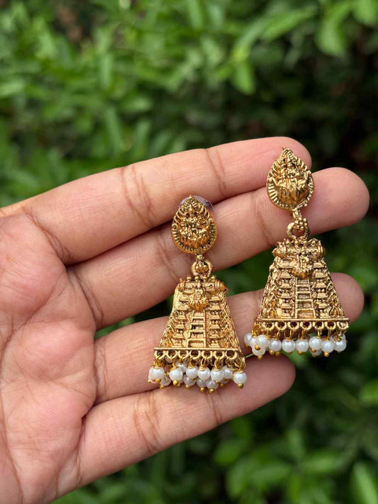 J0133 Matte Finish Small Size gopuram Jhumka with pearl hanging