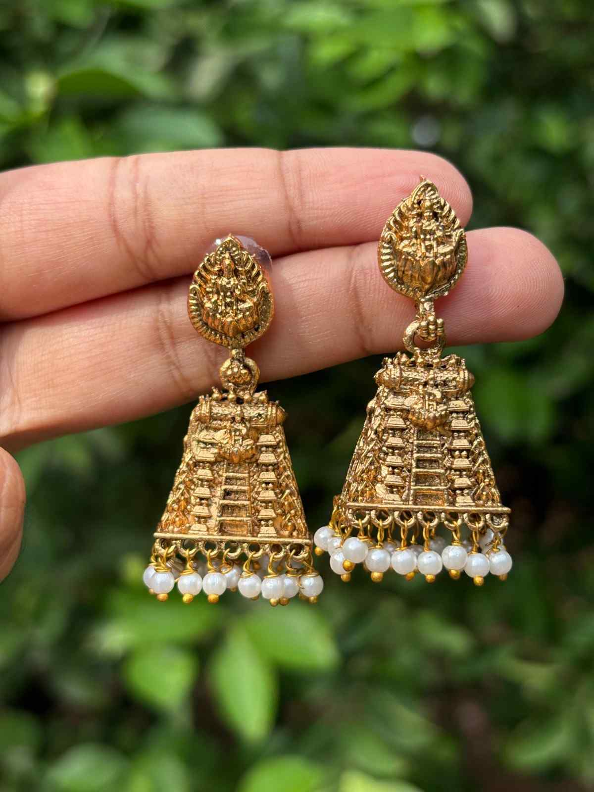 J0133 Matte Finish Small Size gopuram Jhumka with pearl hanging