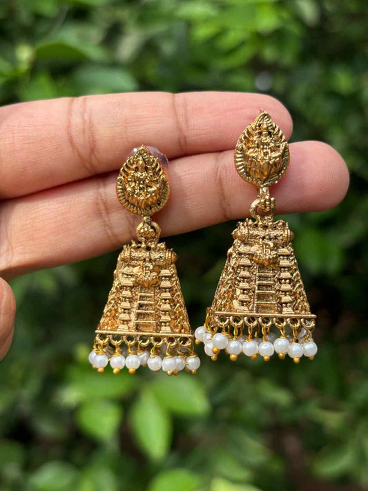 J0133 Matte Finish Small Size gopuram Jhumka with pearl hanging