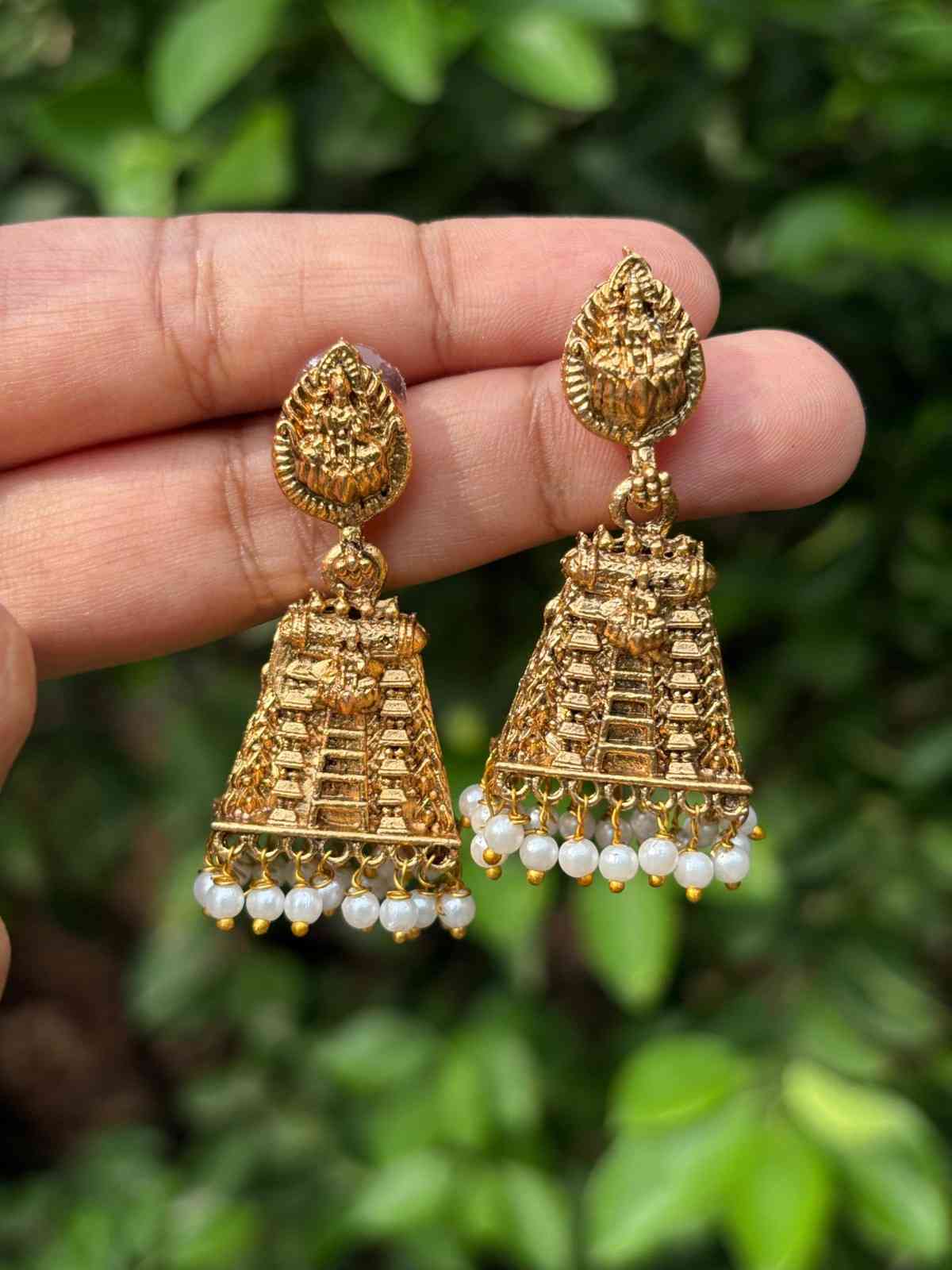 J0133 Matte Finish Small Size gopuram Jhumka with pearl hanging