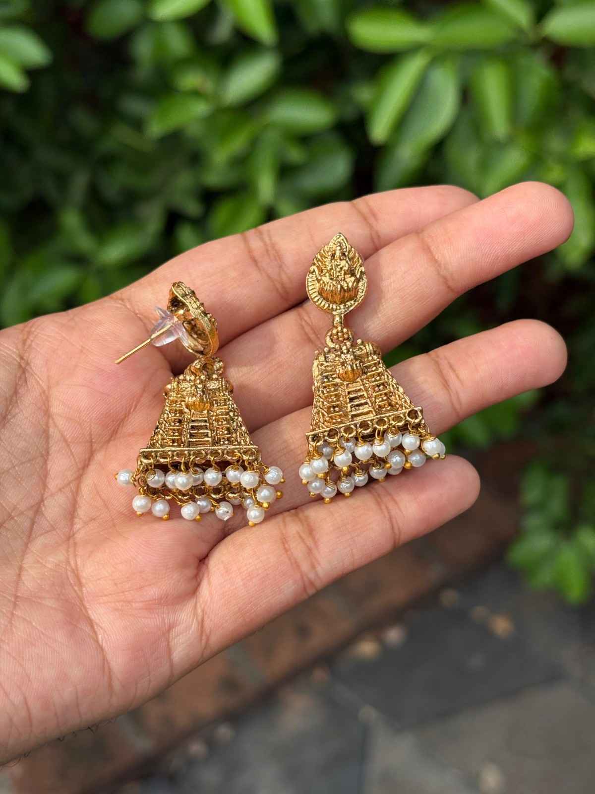 J0133 Matte Finish Small Size gopuram Jhumka with pearl hanging
