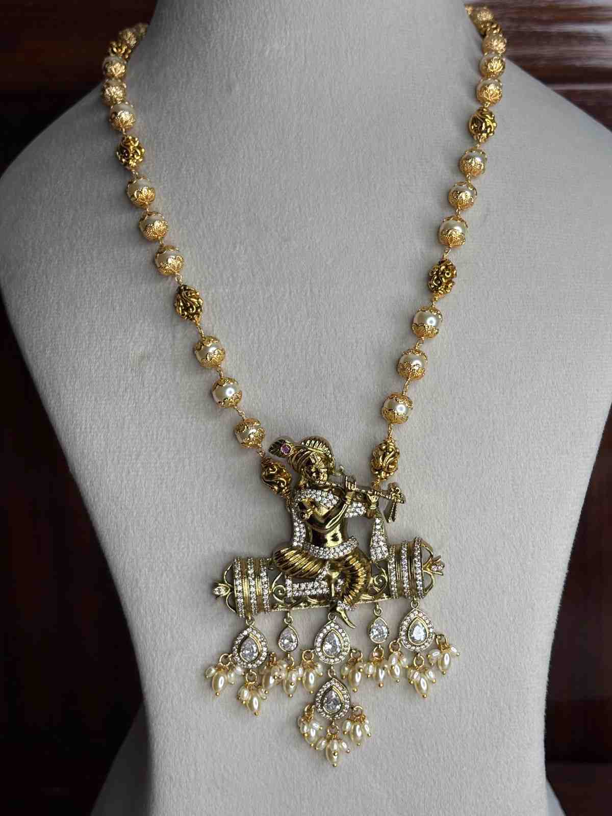 Premium Quality Traditional Pearl Haram 21 inch long Haram With KRISHNA Pendent designed with Polka Diamonds H0026-CS130