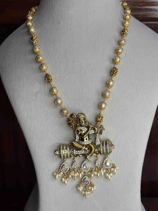 Premium Quality Traditional Pearl Haram 21 inch long Haram With KRISHNA Pendent designed with Polka Diamonds H0026-CS130