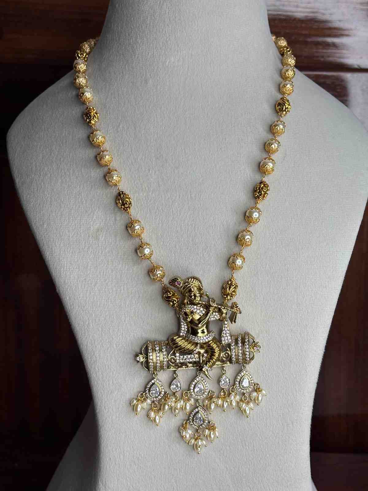 Premium Quality Traditional Pearl Haram 21 inch long Haram With KRISHNA Pendent designed with Polka Diamonds H0026-CS130