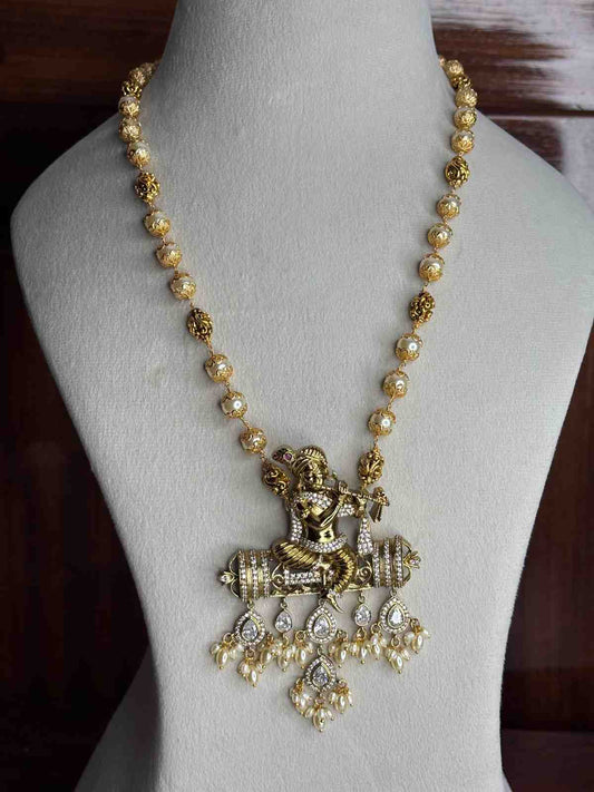Premium Quality Traditional Pearl Haram 21 inch long Haram With KRISHNA Pendent designed with Polka Diamonds H0026-CS130