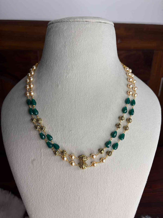 H0029 Premium 2 layer Pearl Chain with Green Crystal