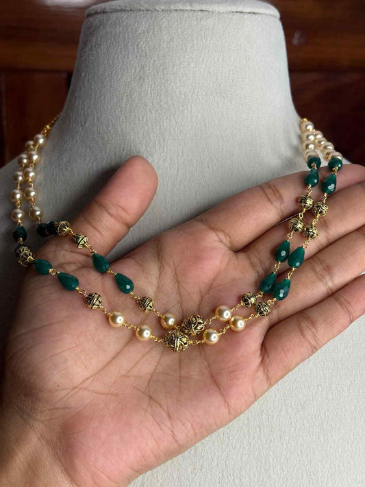 H0029 Premium 2 layer Pearl Chain with Green Crystal