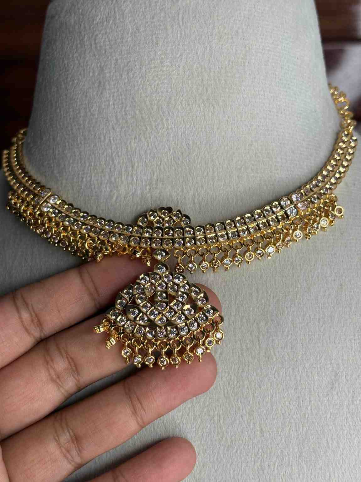N0273 Micro Plated 80's Attigai Necklace white AD Stone