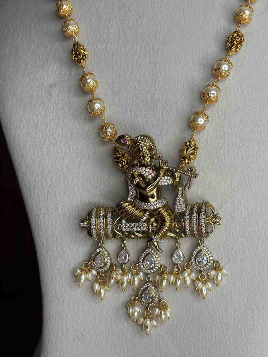 Premium Quality Traditional Pearl Haram 21 inch long Haram With KRISHNA Pendent designed with Polka Diamonds H0026-CS130