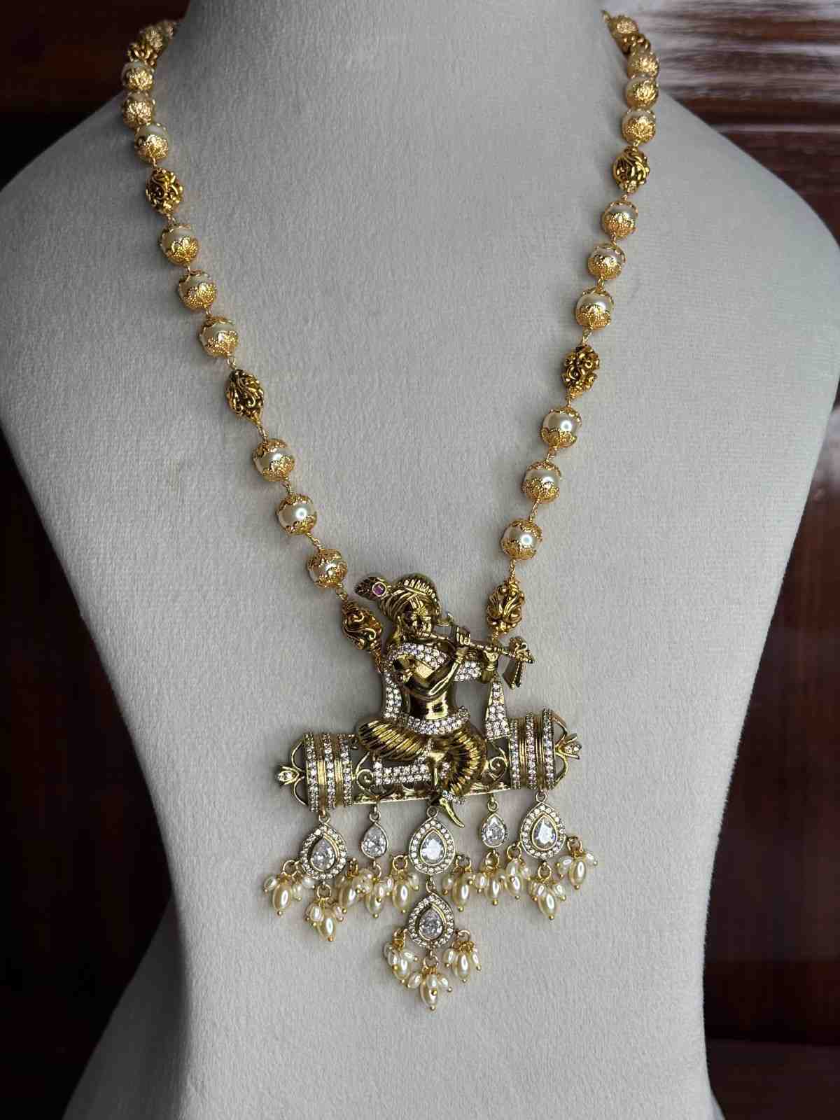 Premium Quality Traditional Pearl Haram 21 inch long Haram With KRISHNA Pendent designed with Polka Diamonds H0026-CS130