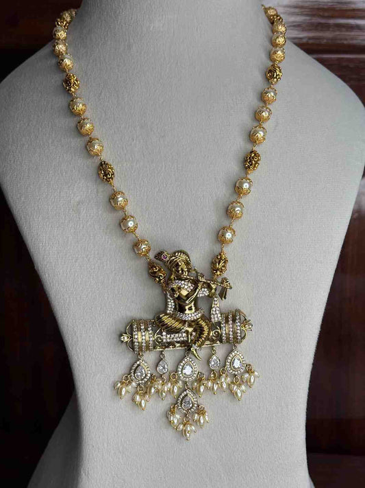 Premium Quality Traditional Pearl Haram 21 inch long Haram With KRISHNA Pendent designed with Polka Diamonds H0026-CS130
