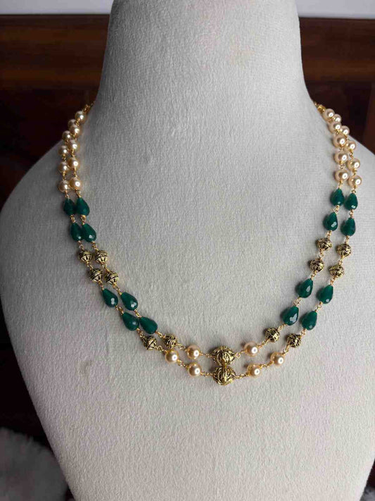 H0029 Premium 2 layer Pearl Chain with Green Crystal