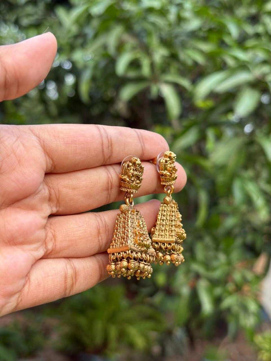 J0139 Matte Finish Gopuram Jhumka with gold beads