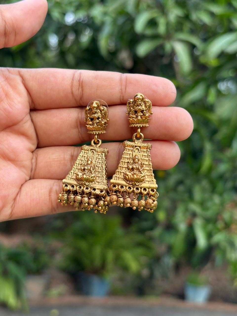 J0139 Matte Finish Gopuram Jhumka with gold beads