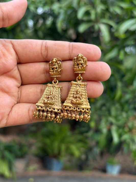 J0139 Matte Finish Gopuram Jhumka with gold beads