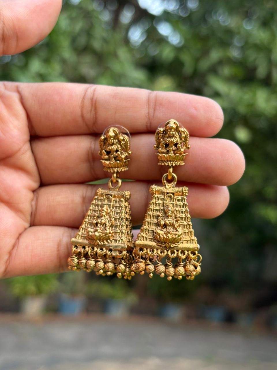 J0139 Matte Finish Gopuram Jhumka with gold beads