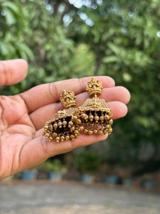 J0139 Matte Finish Gopuram Jhumka with gold beads
